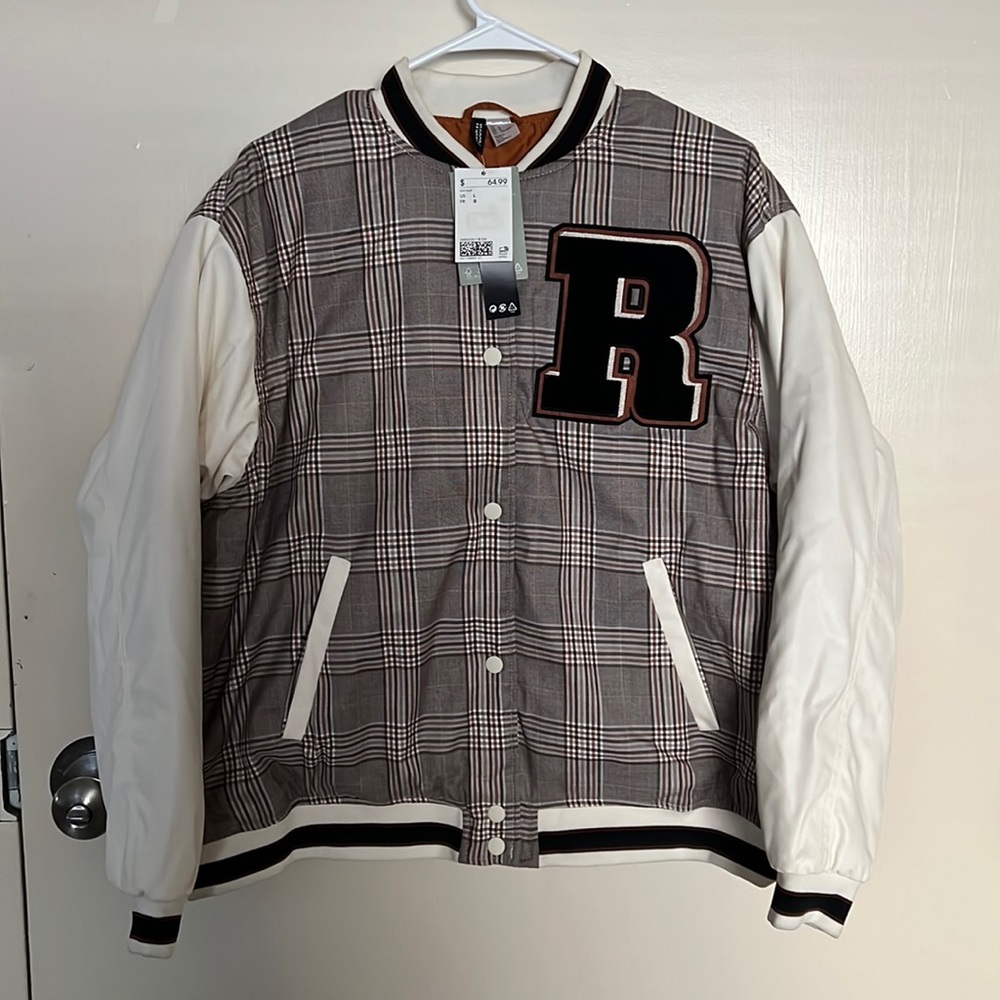 H&M Cream & Brown Plaid R Patch Snap Button Varsity Baseball Size L